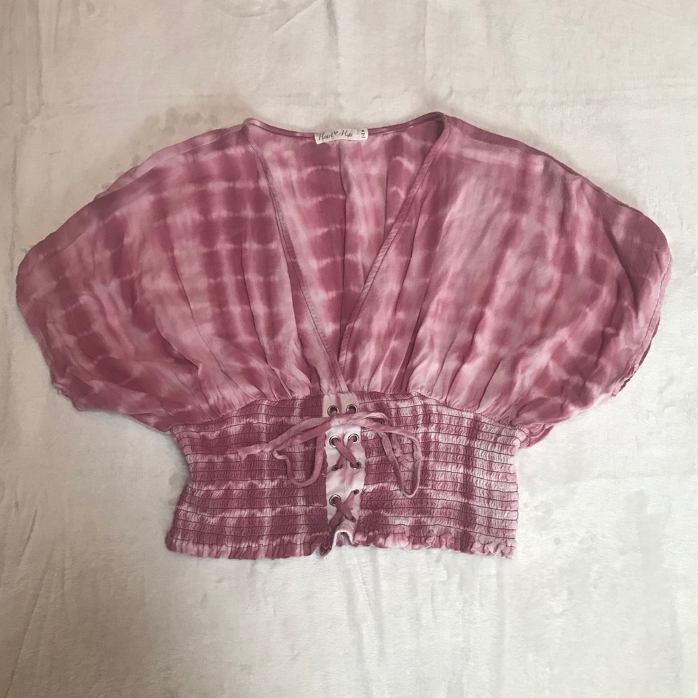 Pink Tie-Dye V-Neck Crop Top with Scrunched Bottom